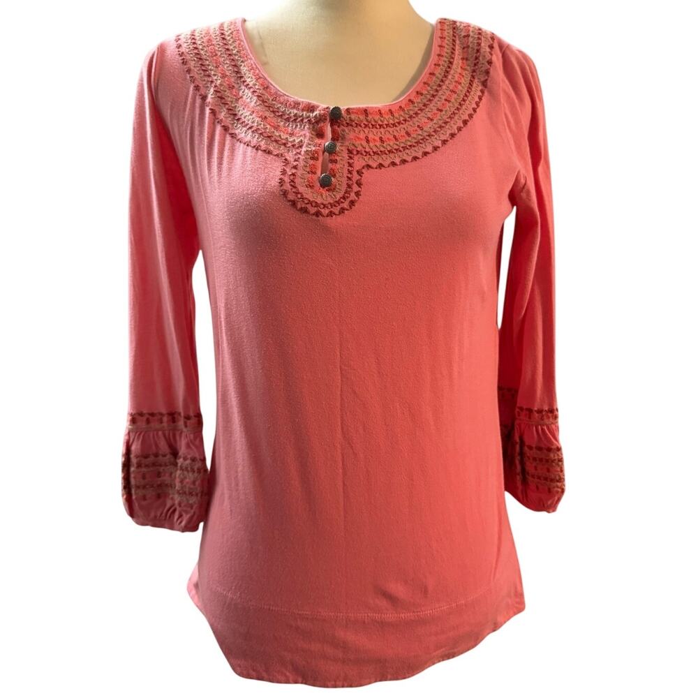 Sundance Boho Coral Pink Embroidered Cotton Tunic Henley Top, Size Small